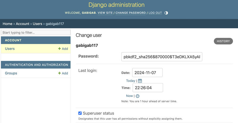 Django admin, premier affichage, le mot de passe apparait haché mais...
